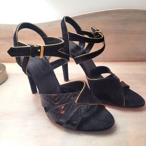 Balenciaga Suede and Snake Print Leather Stilettos Size 39.5 (US 9) Black Gold
